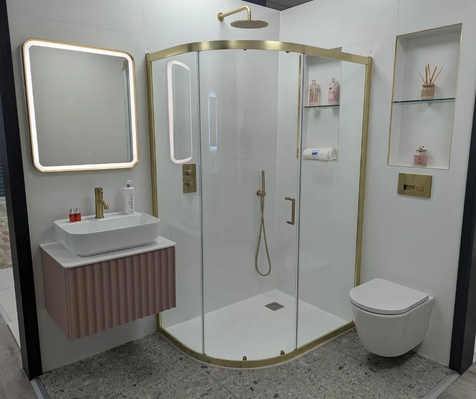 A Contemporary Bathroom with Soft Pastels and Luxurious Finishes